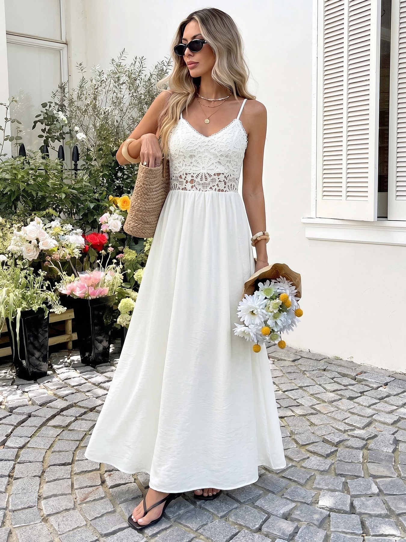 Abito lungo con corpetto in pizzo bianco - Abito estivo a sottoveste