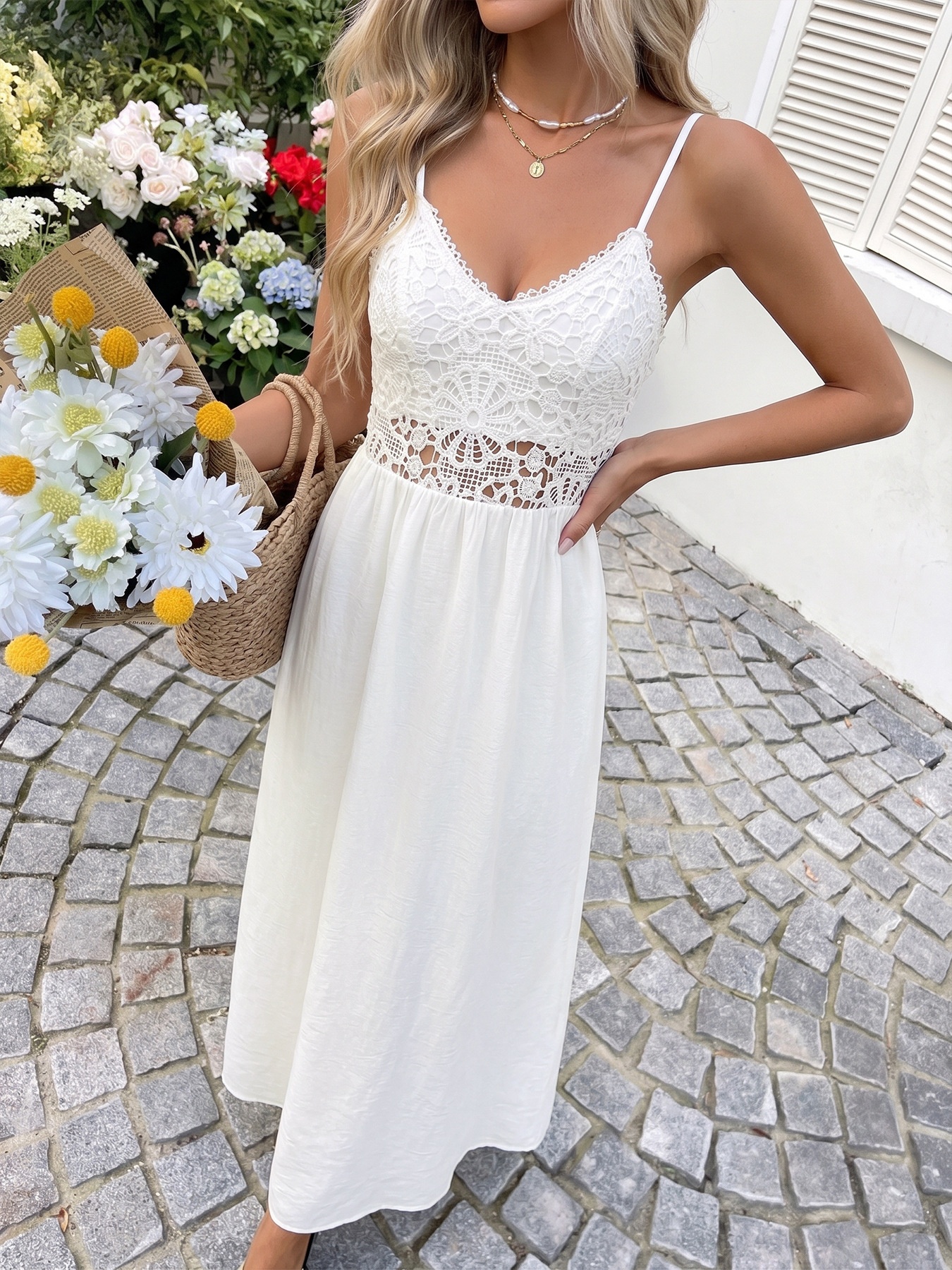 Abito lungo con corpetto in pizzo bianco - Abito estivo a sottoveste