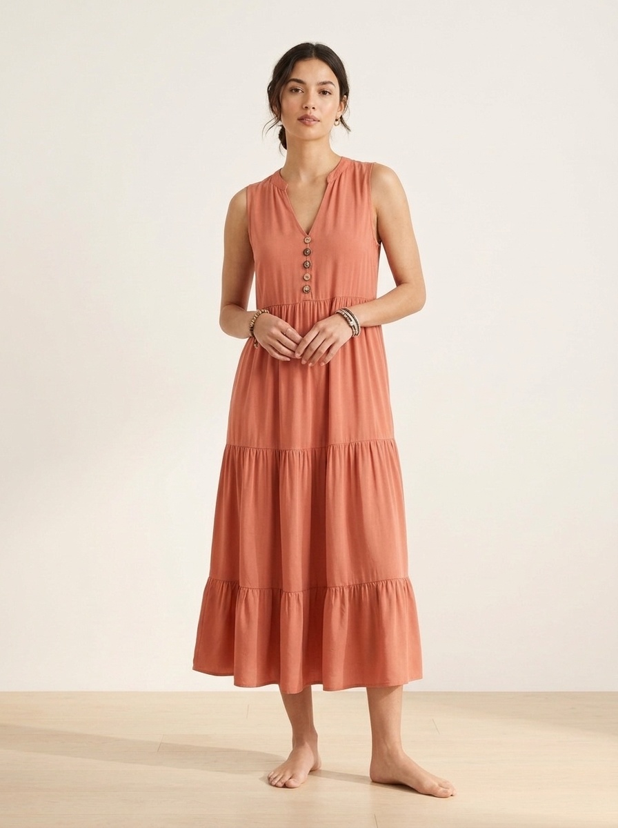 Women's Sleeveless V-Neck Tiered Maxi Dress with Buttons