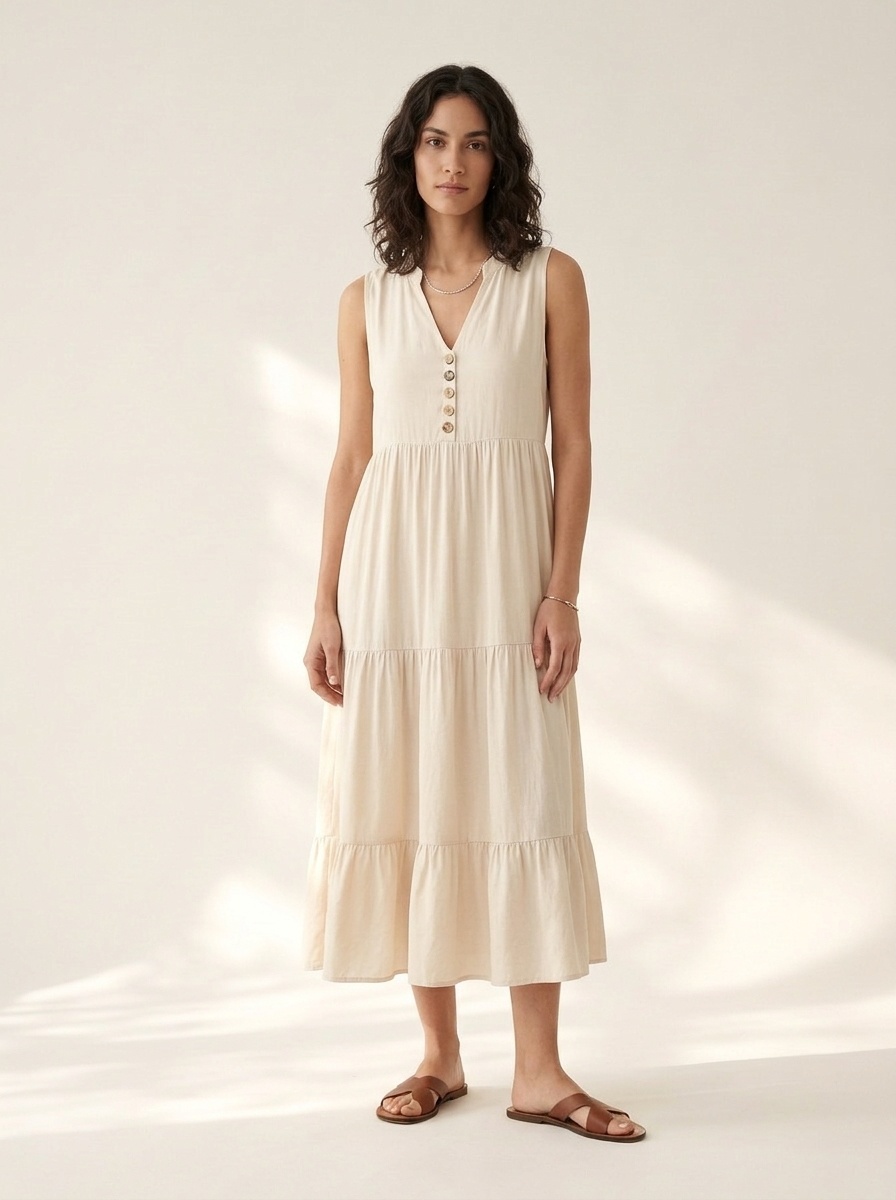 Women's Sleeveless V-Neck Tiered Maxi Dress with Buttons
