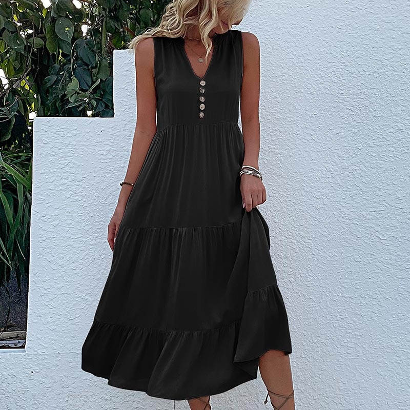 Women's Sleeveless V-Neck Tiered Maxi Dress with Buttons