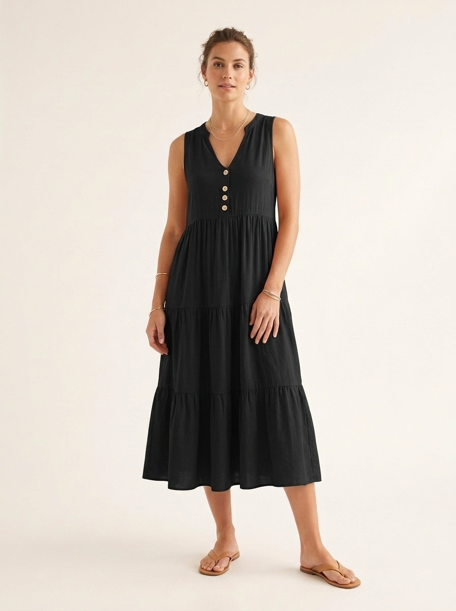 Women's Sleeveless V-Neck Tiered Maxi Dress with Buttons