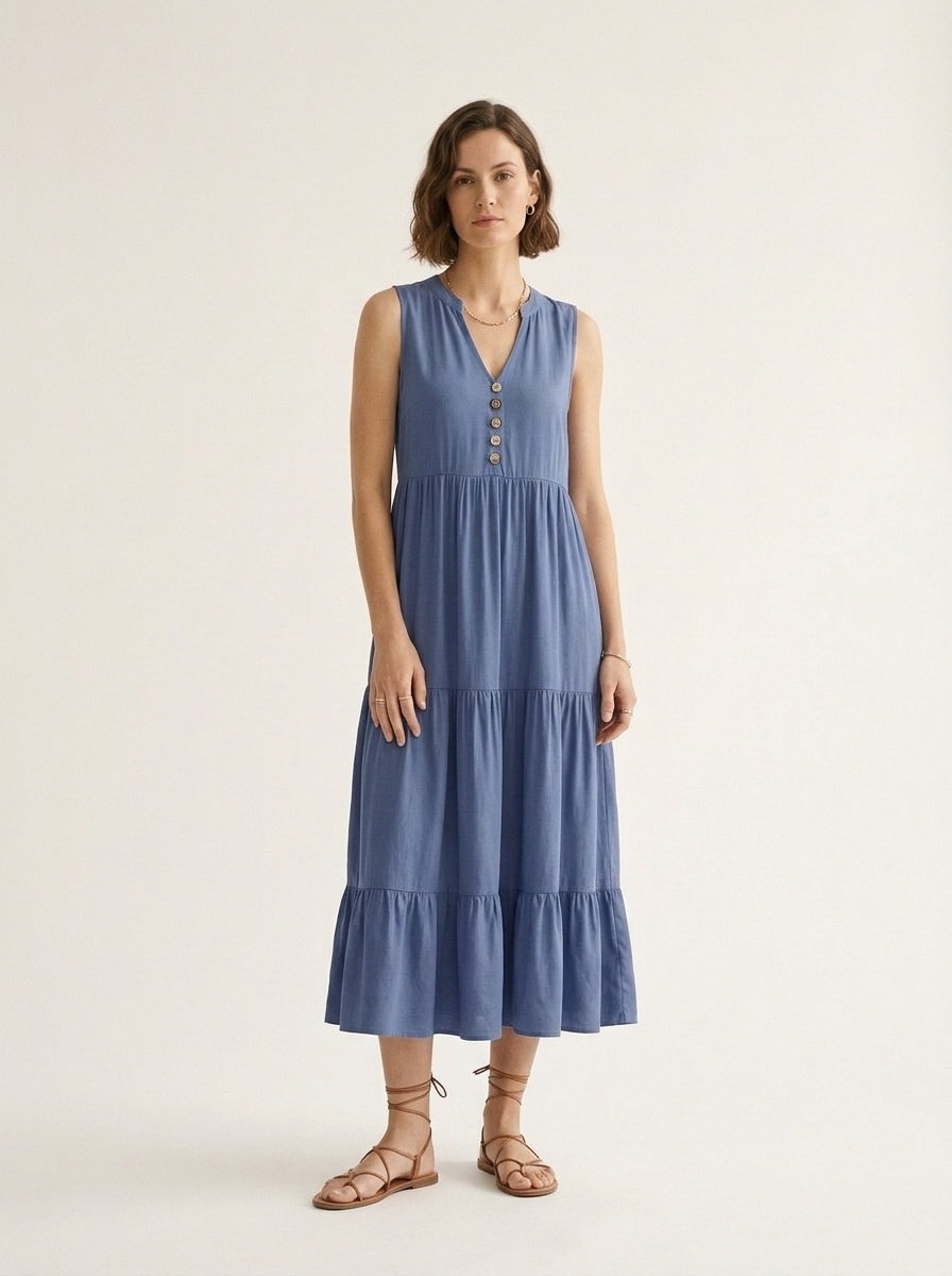 Women's Sleeveless V-Neck Tiered Maxi Dress with Buttons