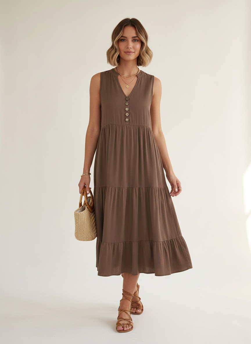 Women's Sleeveless V-Neck Tiered Maxi Dress with Buttons