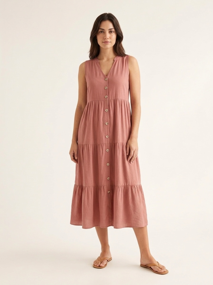 Women's Sleeveless V-Neck Tiered Maxi Dress with Buttons