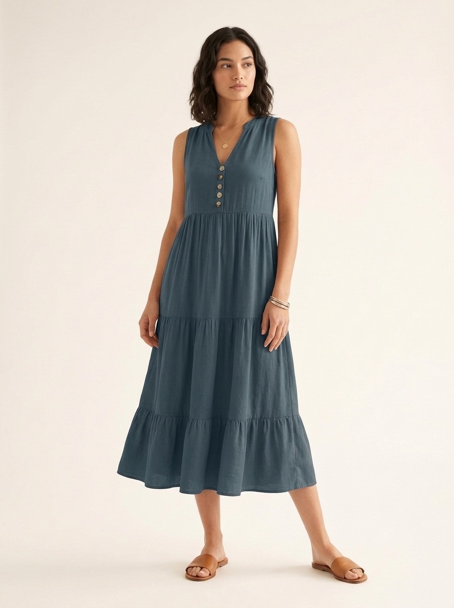 Women's Sleeveless V-Neck Tiered Maxi Dress with Buttons