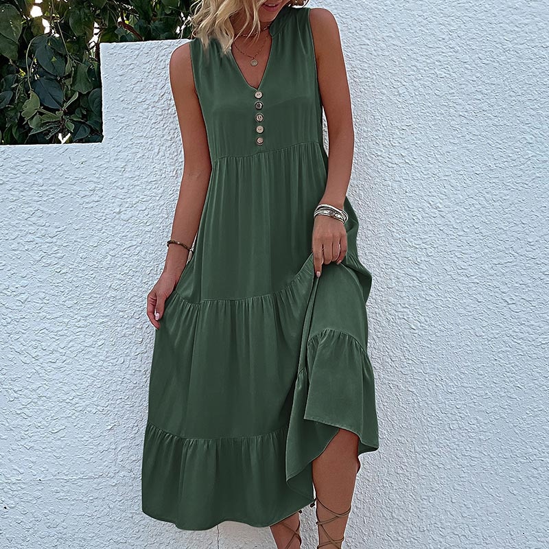 Women's Sleeveless V-Neck Tiered Maxi Dress with Buttons