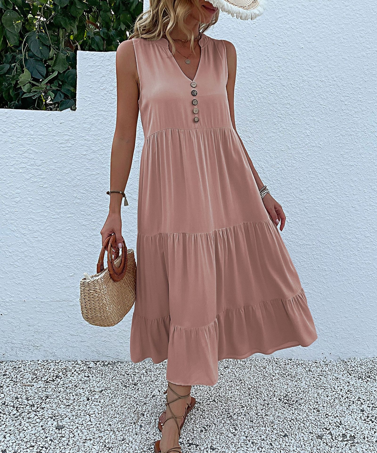Women's Sleeveless V-Neck Tiered Maxi Dress with Buttons