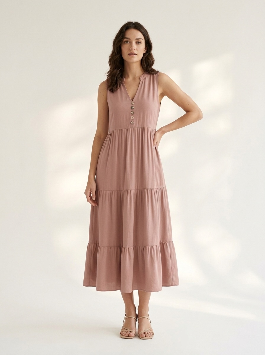 Women's Sleeveless V-Neck Tiered Maxi Dress with Buttons