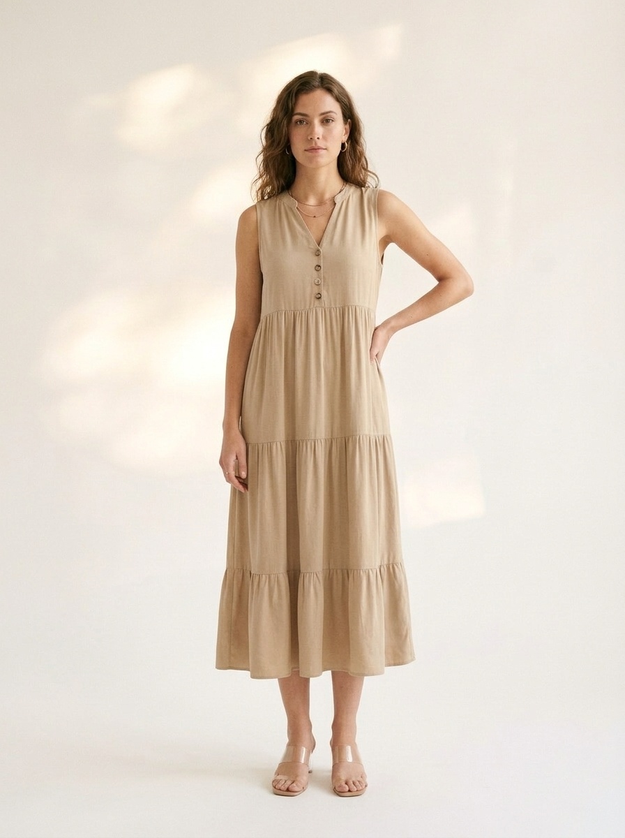 Women's Sleeveless V-Neck Tiered Maxi Dress with Buttons