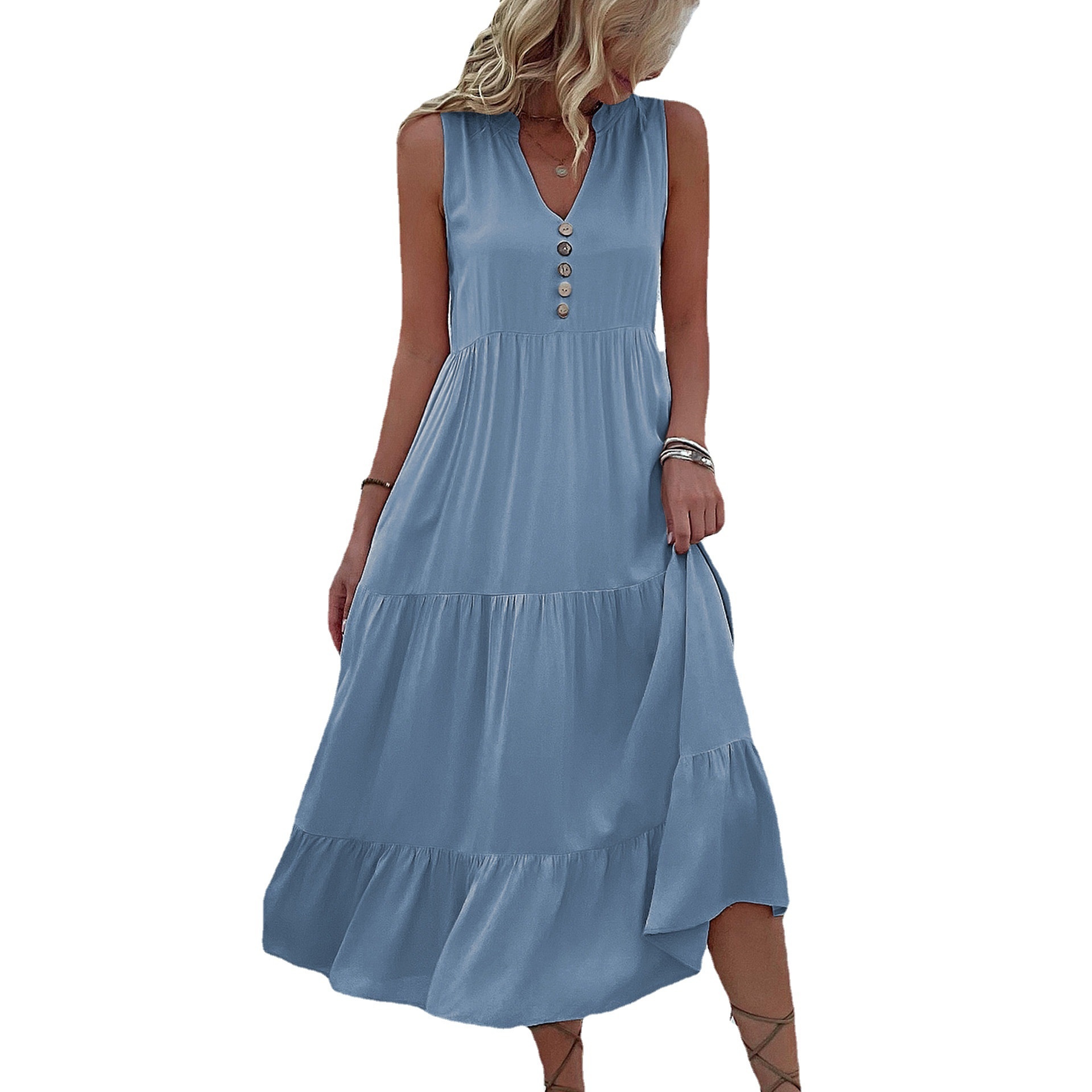 Women's Sleeveless V-Neck Tiered Maxi Dress with Buttons