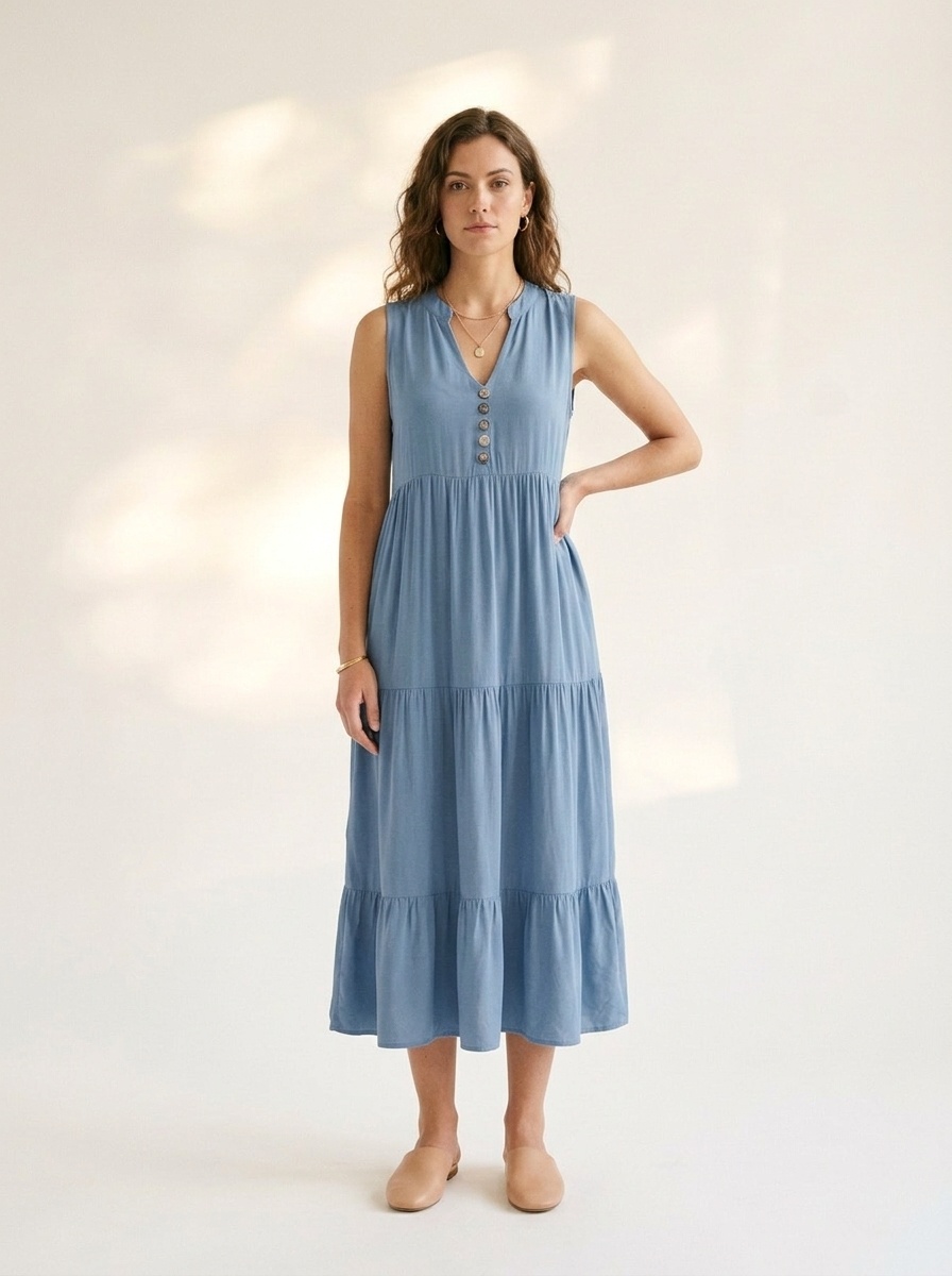 Women's Sleeveless V-Neck Tiered Maxi Dress with Buttons