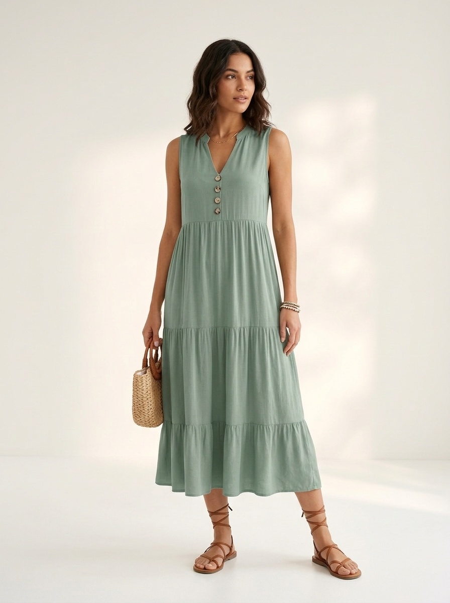Women's Sleeveless V-Neck Tiered Maxi Dress with Buttons