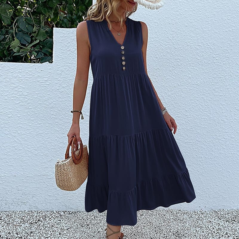 Women's Sleeveless V-Neck Tiered Maxi Dress with Buttons