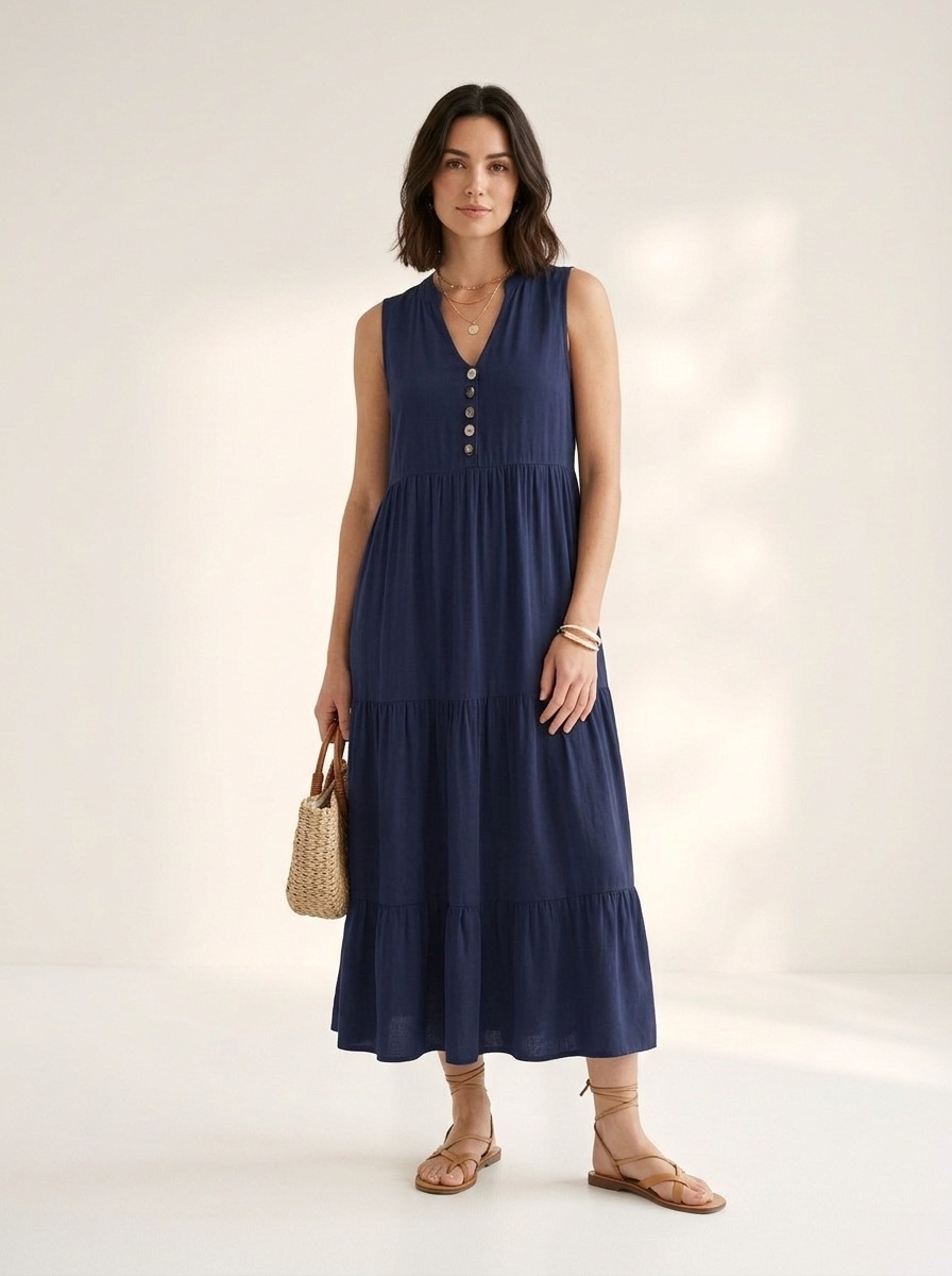 Women's Sleeveless V-Neck Tiered Maxi Dress with Buttons