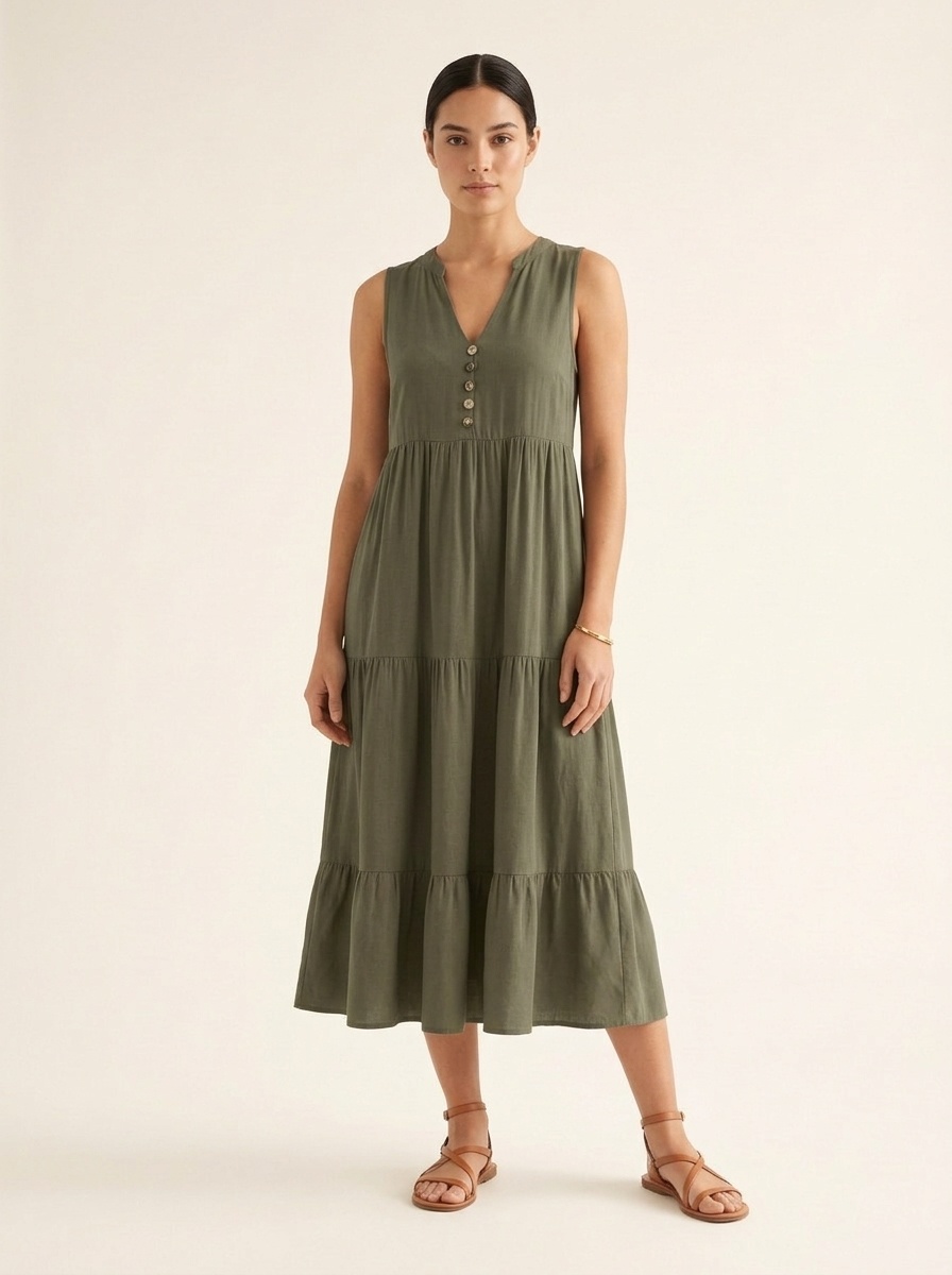 Women's Sleeveless V-Neck Tiered Maxi Dress with Buttons