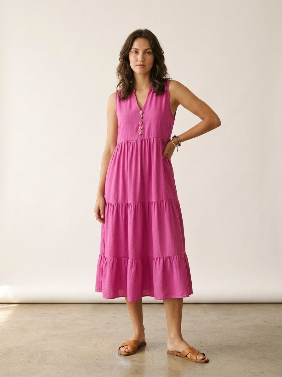 Women's Sleeveless V-Neck Tiered Maxi Dress with Buttons