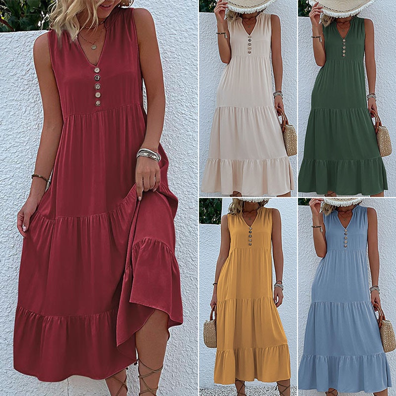 Women's Sleeveless V-Neck Tiered Maxi Dress with Buttons