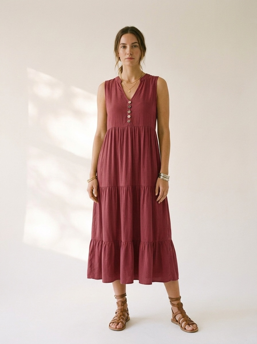 Women's Sleeveless V-Neck Tiered Maxi Dress with Buttons