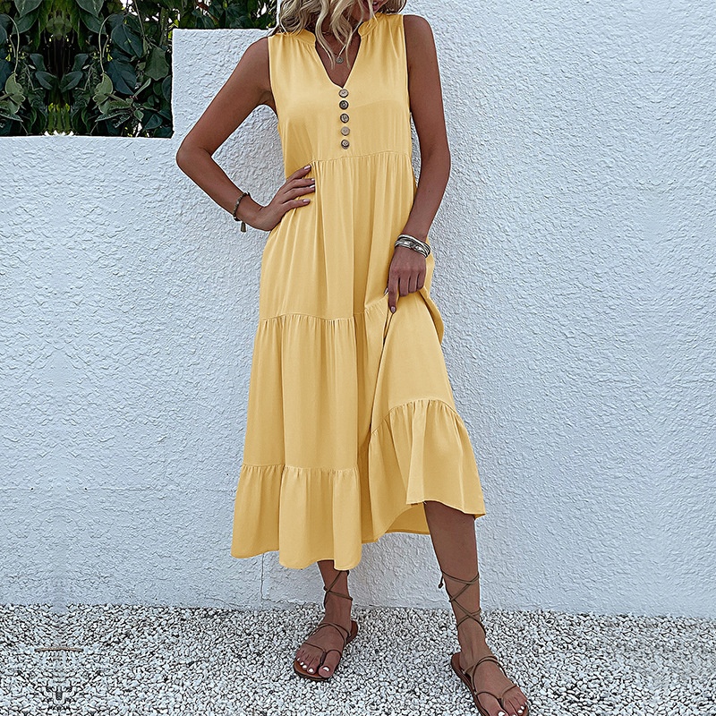 Women's Sleeveless V-Neck Tiered Maxi Dress with Buttons