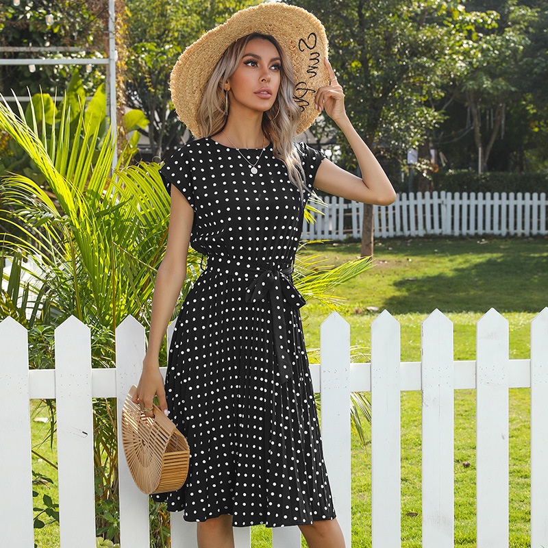 Polka Dot Pleated Midi Dress with Tie Waist