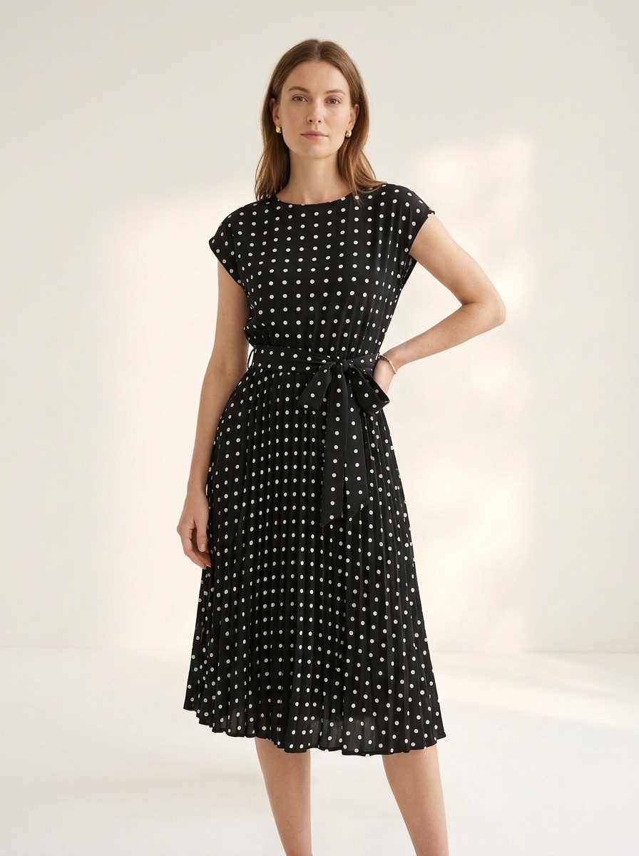 Polka Dot Pleated Midi Dress with Tie Waist