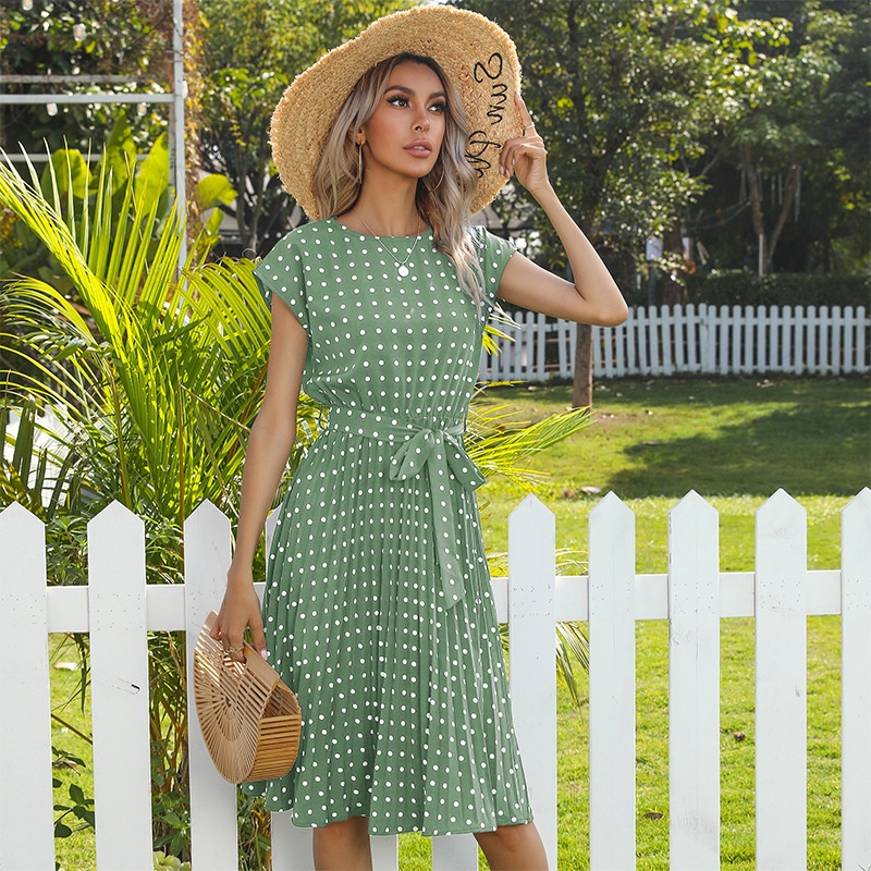 Polka Dot Pleated Midi Dress with Tie Waist
