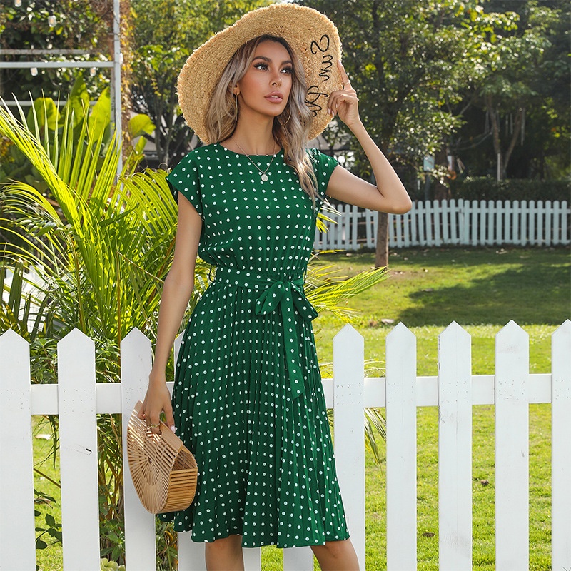 Polka Dot Pleated Midi Dress with Tie Waist
