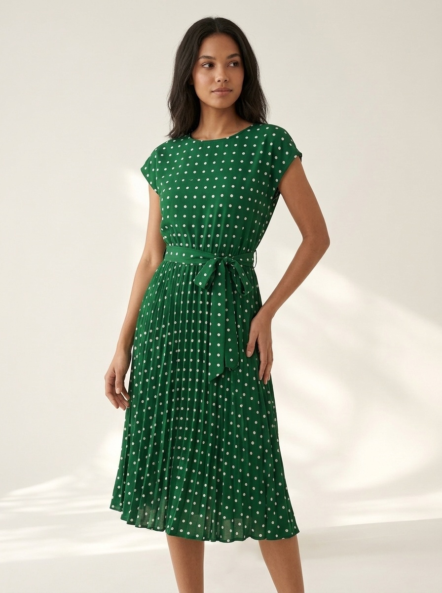 Polka Dot Pleated Midi Dress with Tie Waist