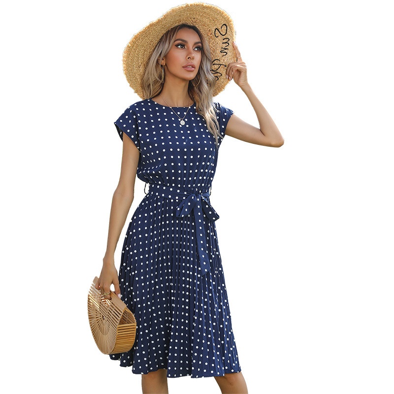 Polka Dot Pleated Midi Dress with Tie Waist