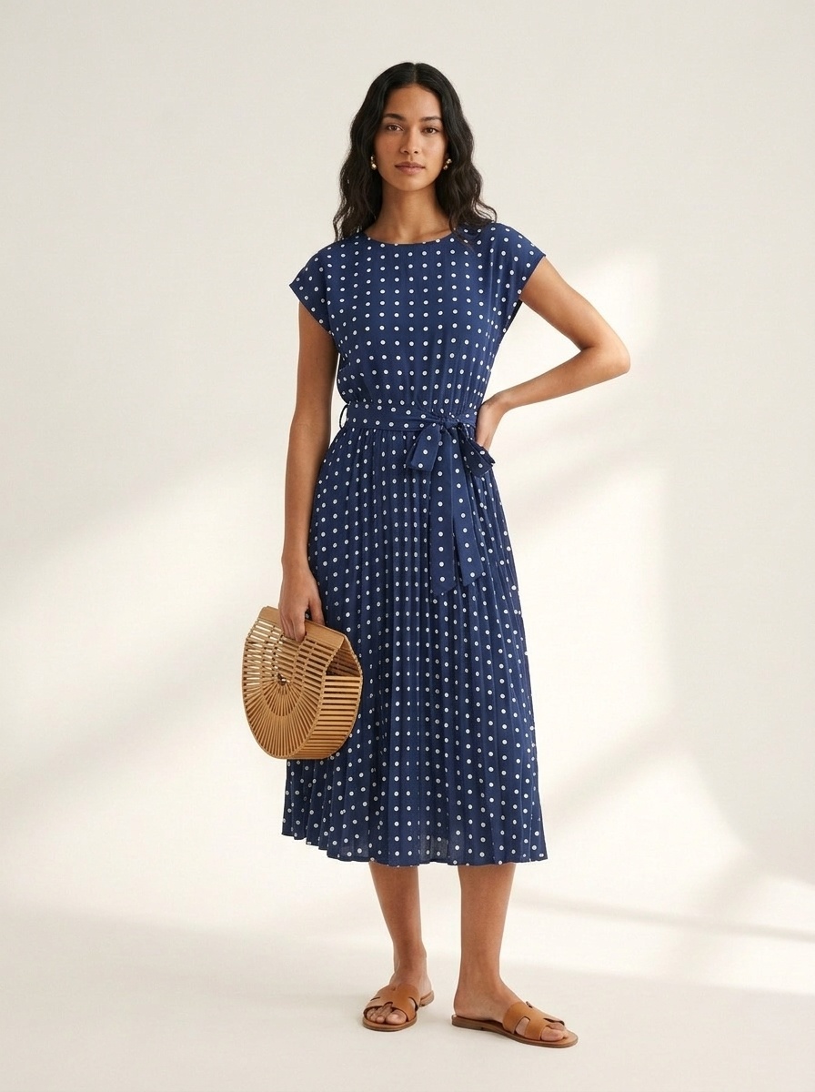 Polka Dot Pleated Midi Dress with Tie Waist