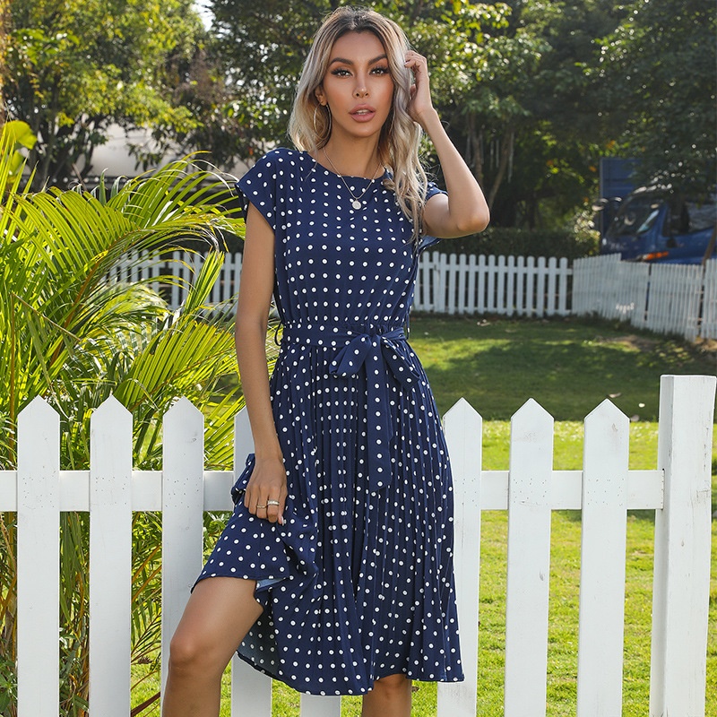 Polka Dot Pleated Midi Dress with Tie Waist