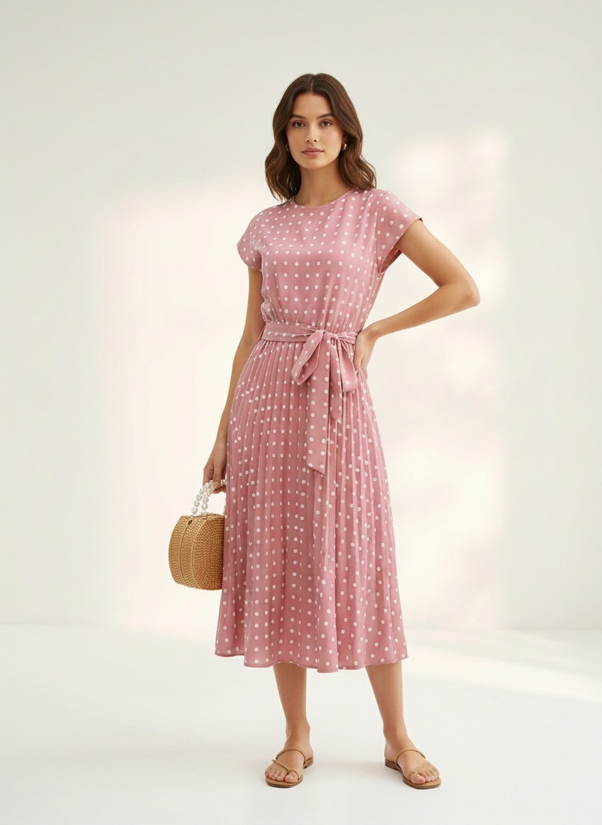 Polka Dot Pleated Midi Dress with Tie Waist