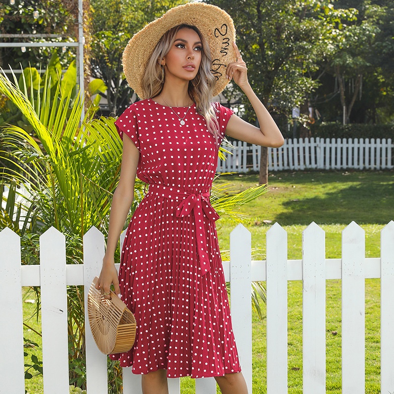 Polka Dot Pleated Midi Dress with Tie Waist