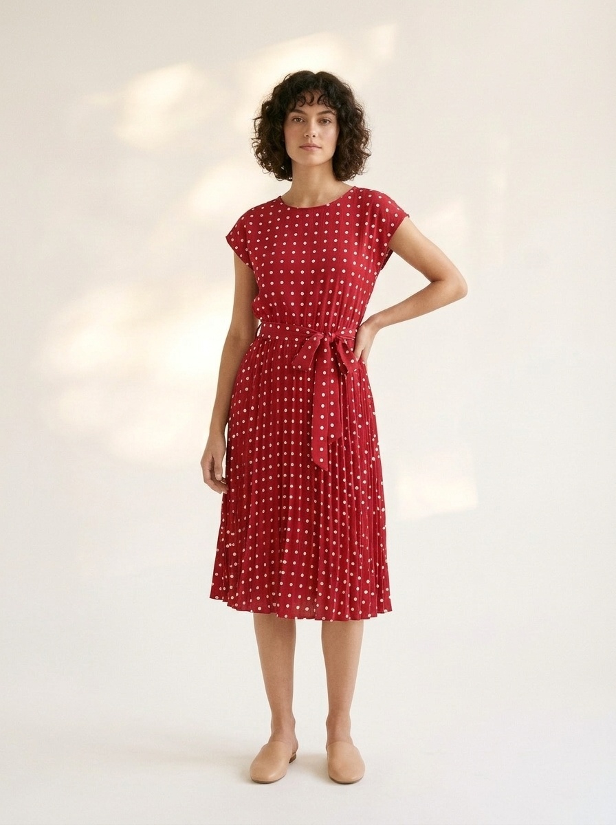 Polka Dot Pleated Midi Dress with Tie Waist