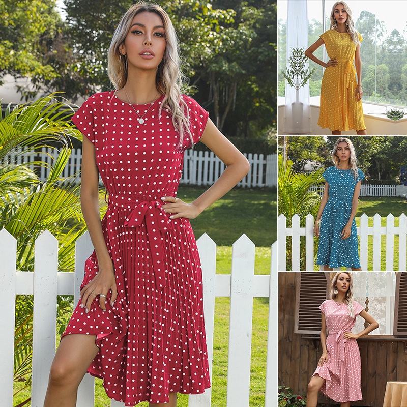 Polka Dot Pleated Midi Dress with Tie Waist