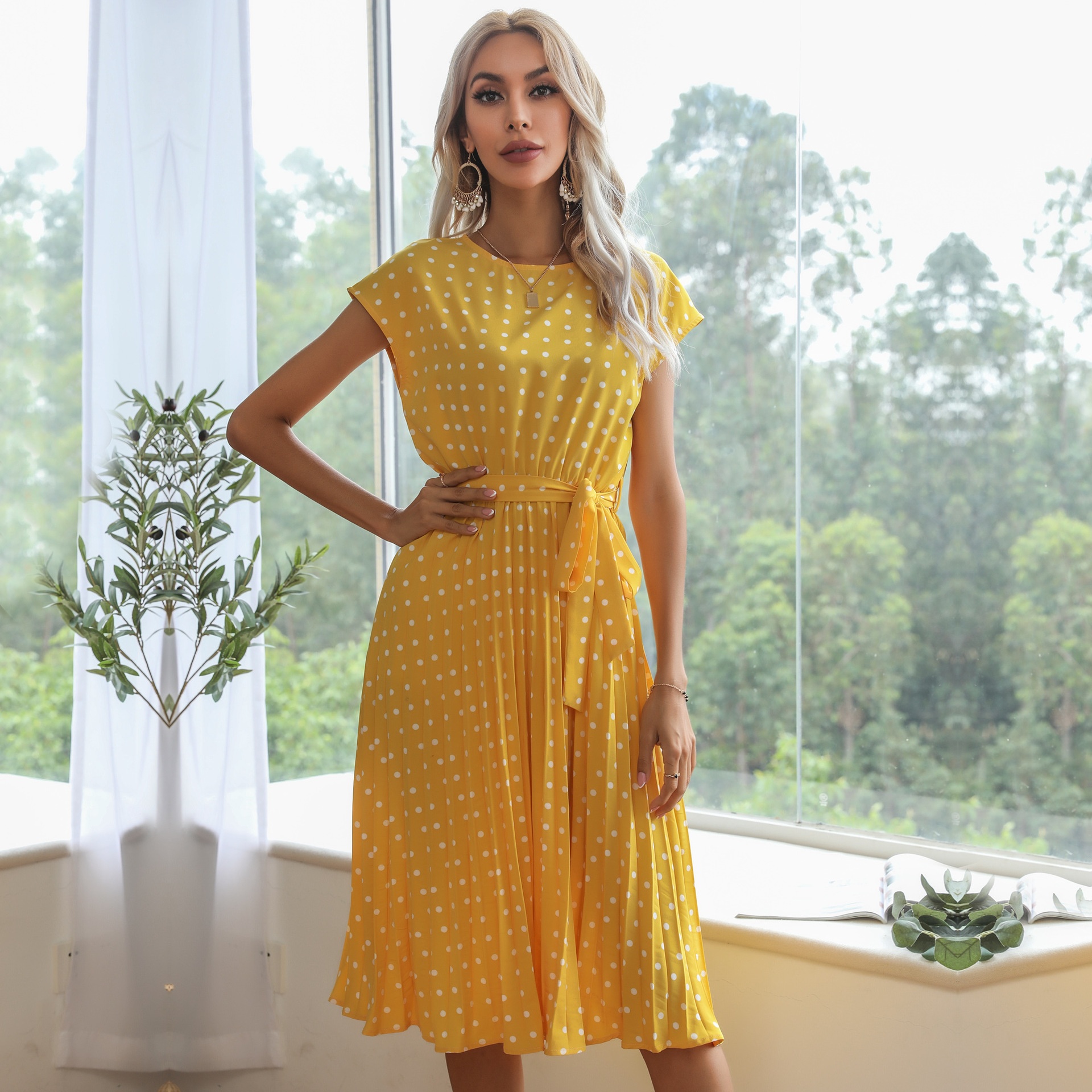 Polka Dot Pleated Midi Dress with Tie Waist