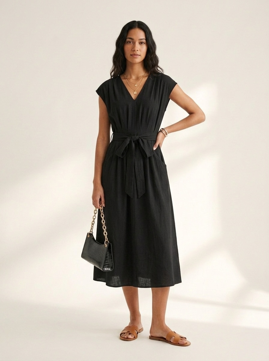 Elegant High-Waisted V-Neck A-Line Summer Dress with Tie-Waist for Women