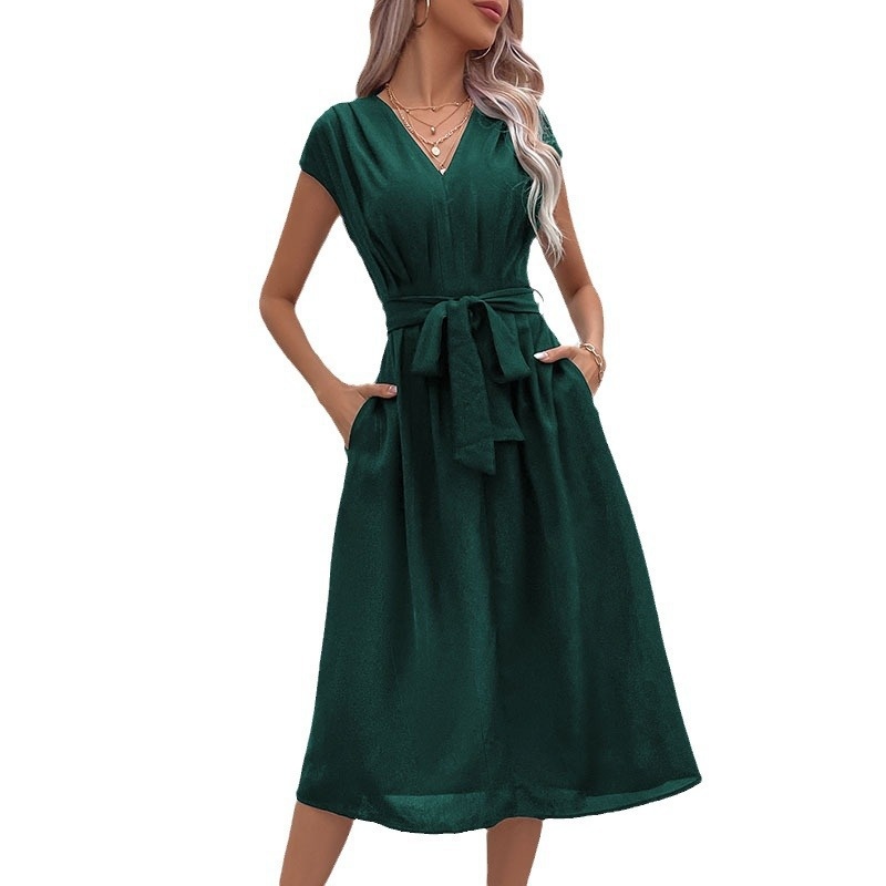 Elegant High-Waisted V-Neck A-Line Summer Dress with Tie-Waist for Women