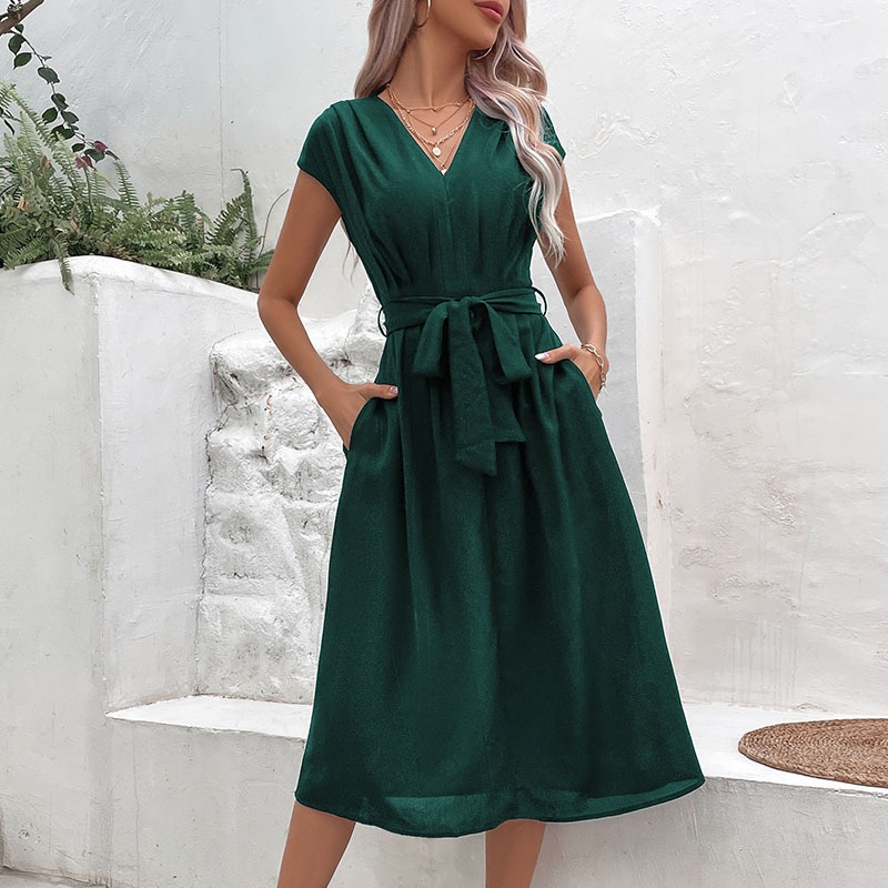 Elegant High-Waisted V-Neck A-Line Summer Dress with Tie-Waist for Women