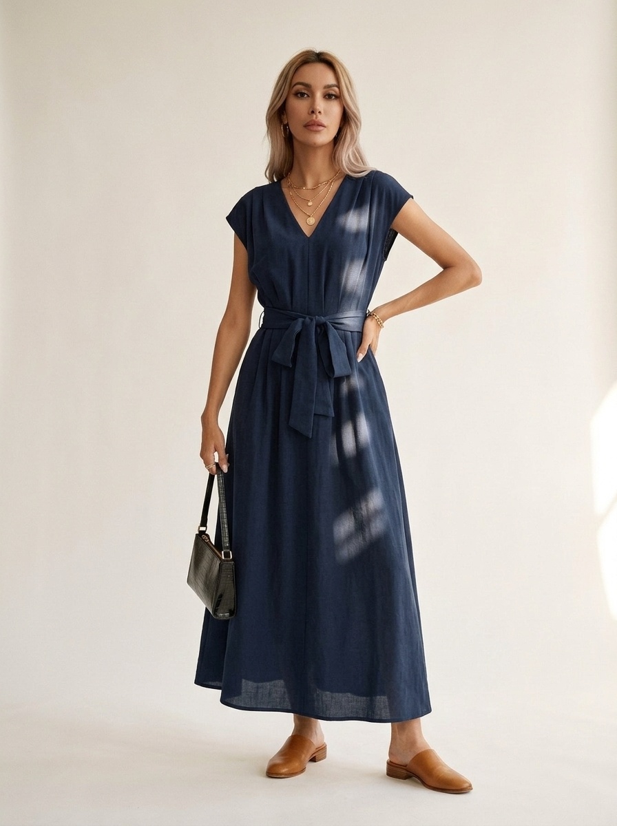 Elegant High-Waisted V-Neck A-Line Summer Dress with Tie-Waist for Women