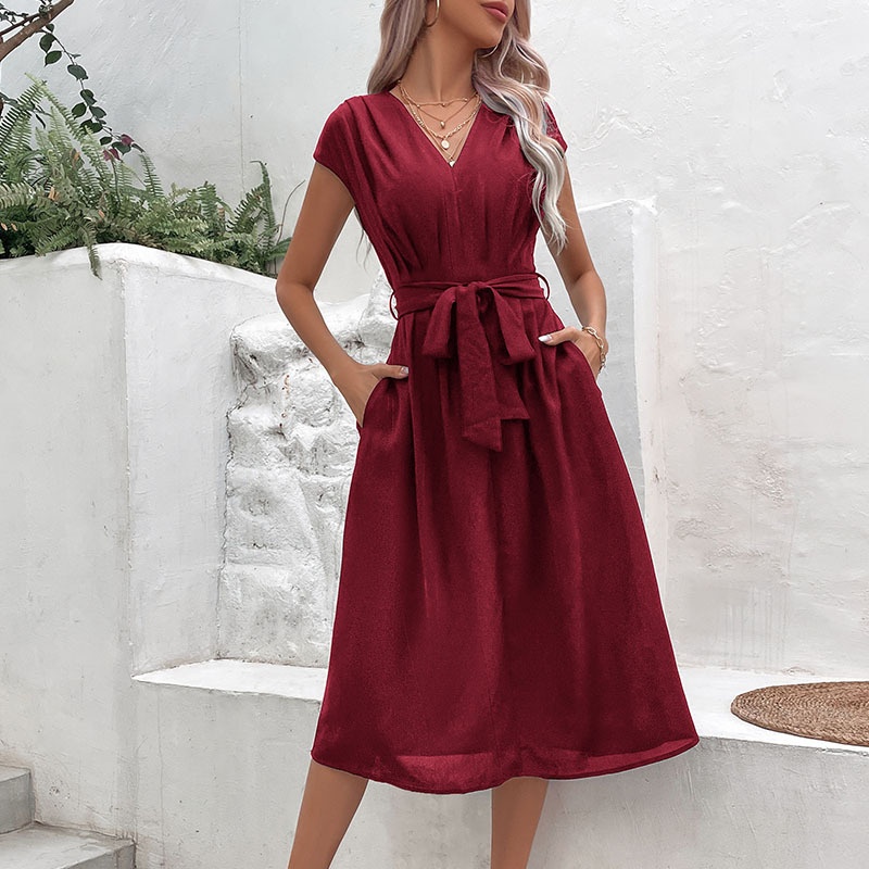 Elegant High-Waisted V-Neck A-Line Summer Dress with Tie-Waist for Women