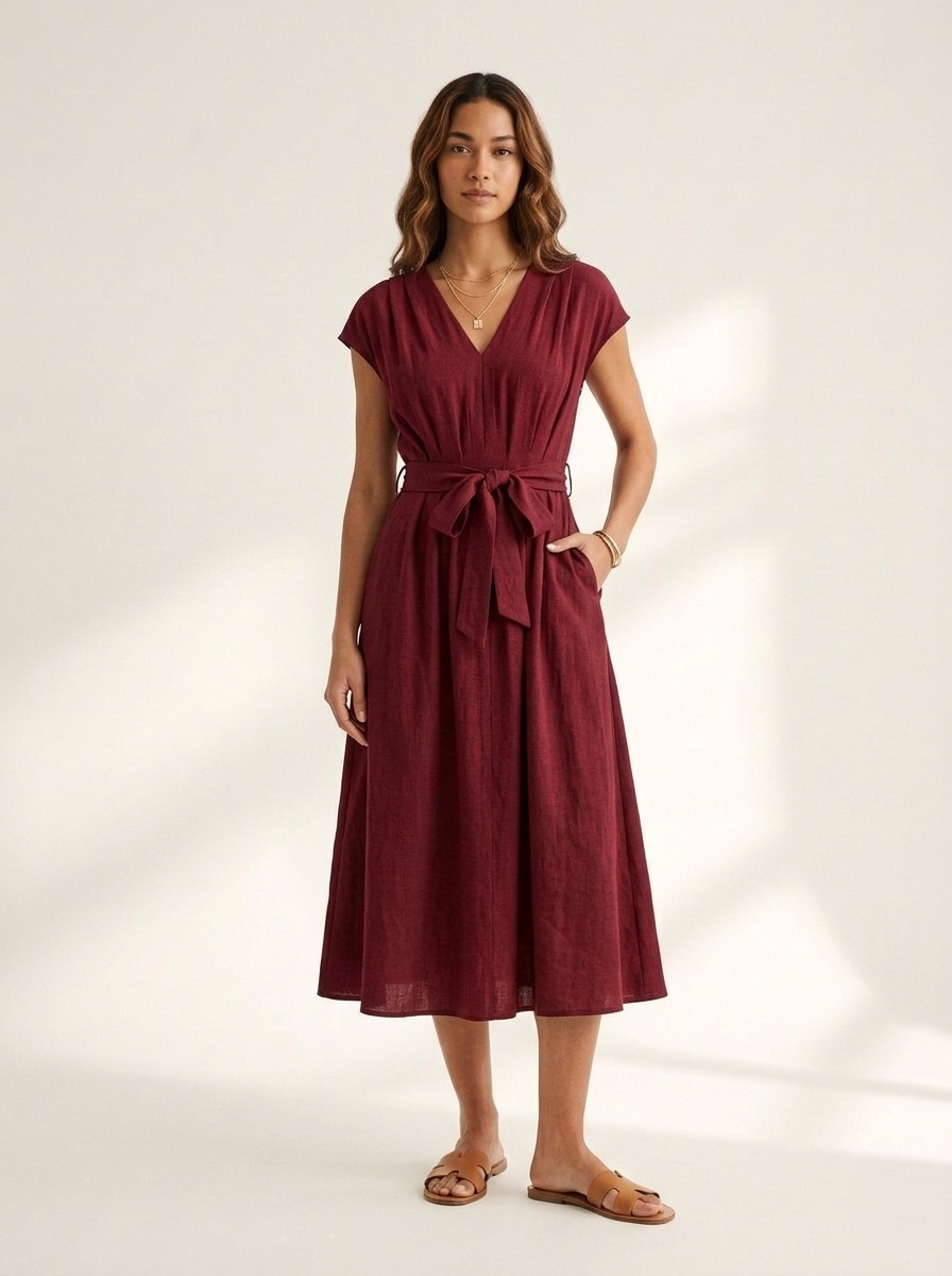 Elegant High-Waisted V-Neck A-Line Summer Dress with Tie-Waist for Women