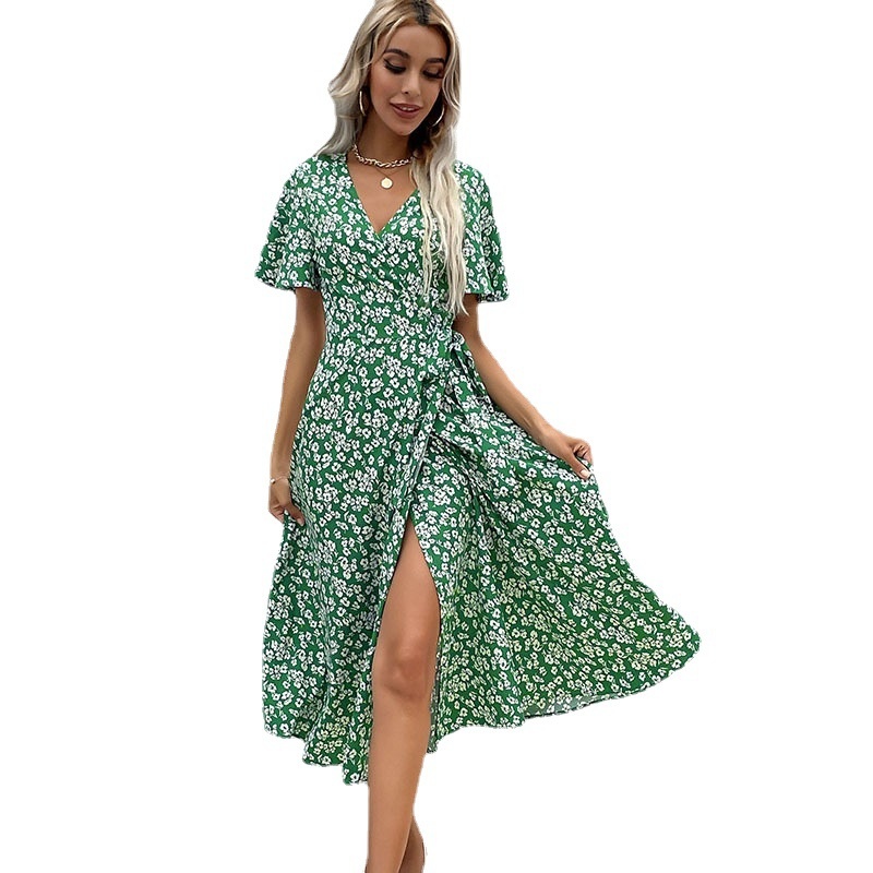 Women's Floral V-Neck Wrap Midi Dress with Slit