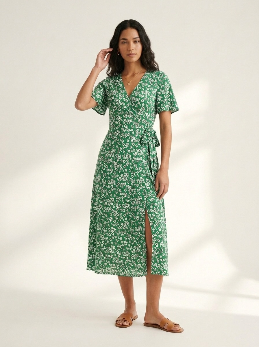Women's Floral V-Neck Wrap Midi Dress with Slit
