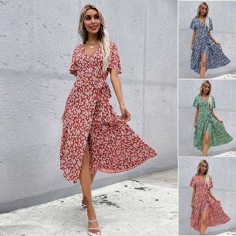 Women's Floral V-Neck Wrap Midi Dress with Slit