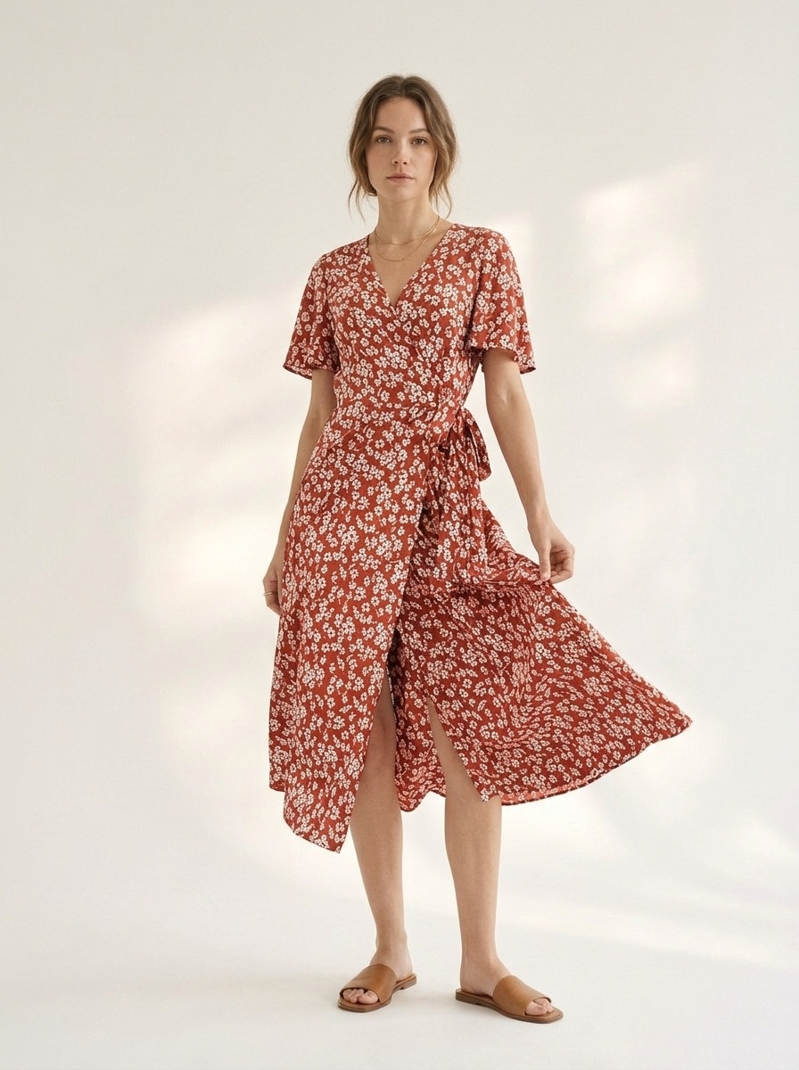 Women's Floral V-Neck Wrap Midi Dress with Slit