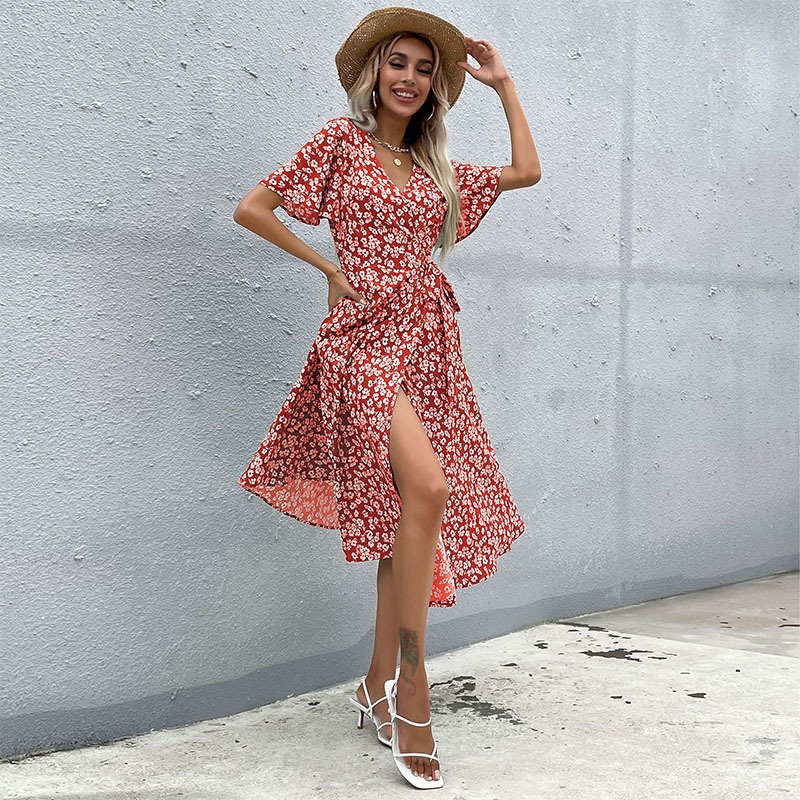 Women's Floral V-Neck Wrap Midi Dress with Slit