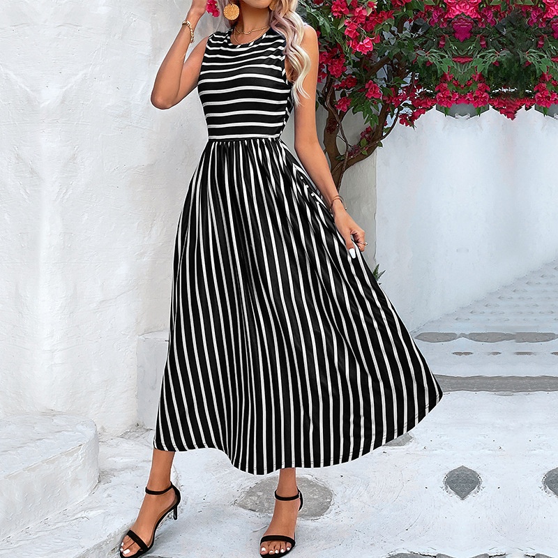 Sleeveless Striped Maxi Dress with Pockets