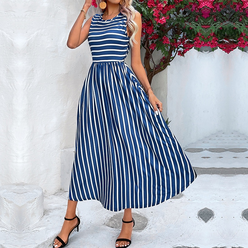 Sleeveless Striped Maxi Dress with Pockets